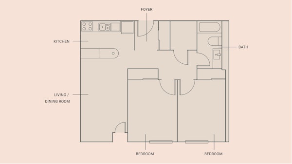 2 Bed 1 Bath floor plan